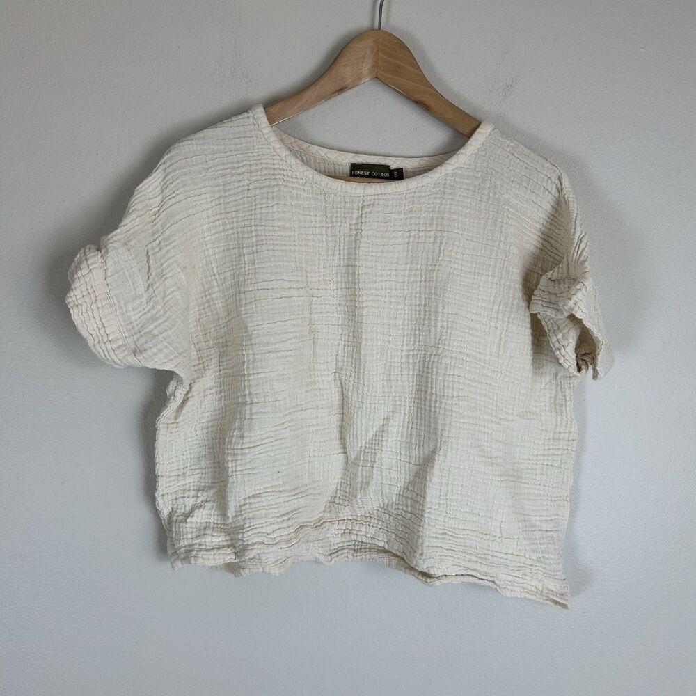 Honest Cotton Small Gauze Cotton Womens Cream Ivory Front Short Sleeve Top